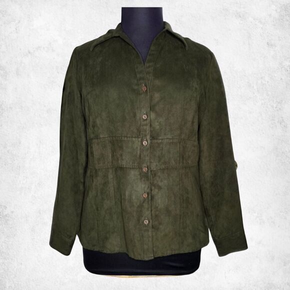 Cato Olive Green Faux Suede Button Front Shirt Jacket Women’s XL - Picture 4 of 6
